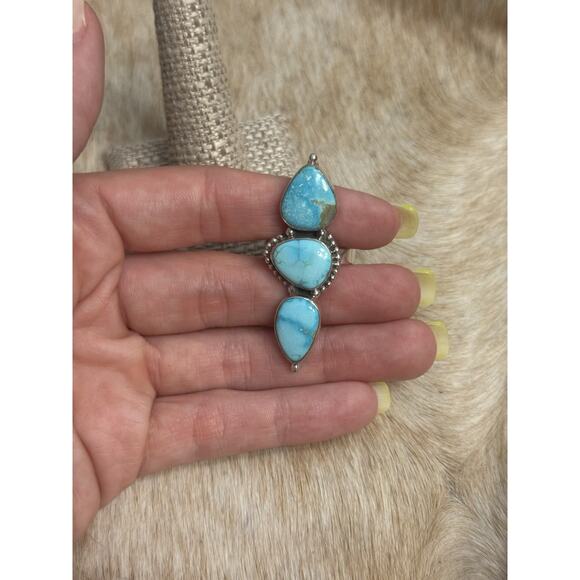 Long Native American Sterling Silver Blue Ridge Turquoise 3 Stone Ring Adjust - Picture 10 of 11